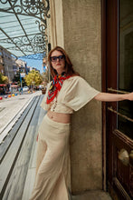 Load image into Gallery viewer, FAD Theatre-Themed Crepe Silk Scarf from Art & Soul Collection. With intricate fractal patterns inspired by nature and theatre, this luxurious modern scarf showcases vibrant colors, is handstitched on edges and printed on high-quality crepe silk.