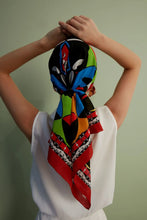 Load image into Gallery viewer, FAD Theatre-Themed Crepe Silk Scarf from Art & Soul Collection. With intricate fractal patterns inspired by nature and theatre, this luxurious modern scarf showcases vibrant colors, is handstitched on edges and printed on high-quality crepe silk.