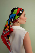 Load image into Gallery viewer, FAD Theatre-Themed Crepe Silk Scarf from Art & Soul Collection. With intricate fractal patterns inspired by nature and theatre, this luxurious modern scarf showcases vibrant colors, is handstitched on edges and printed on high-quality crepe silk.