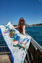 Load image into Gallery viewer, Istanbul Silhouettes chiffon shawl is a tribute to the captivating charm of Istanbul, unifying the natural and historical elements of the city, capturing the soothing tones of the Bosphorus and the blue sky with fractal patterns in a modern palette.