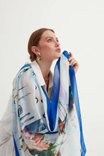 Load image into Gallery viewer, Istanbul Silhouettes chiffon shawl is a tribute to the captivating charm of Istanbul, unifying the natural and historical elements of the city, capturing the soothing tones of the Bosphorus and the blue sky with fractal patterns in a modern palette.