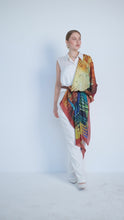 Load and play video in Gallery viewer, Bosphorus scarf from Istanbul Collection reimagines the beauty of Istanbul with the iconic Galata Tower and mesmerizing city skyline, with soothing shades of red, gold, blue, and green. A wearable piece of art with contemporary and fractal patterns.