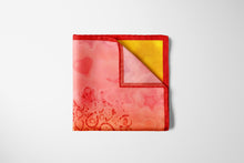 Load image into Gallery viewer, 100% Silk Twill Scarf, FLAME Collection. Designed with fractal formulas, designed with drop shaped motifs creating one central motif of heart symbol  in tones of red and yellow. An exclusive piece of accessory, a scarf, a foulard. Limited edition, hand-rolled on edges and hand stitched.