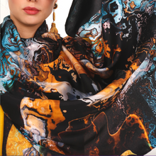 Load image into Gallery viewer, Large Silk Shawl 27" x 78" - MARE Collection Inspired by the many treasures of the ocean, MARE cotton silk large shawl has beautiful notes of blue and greens in linear forms creating waves of motion.