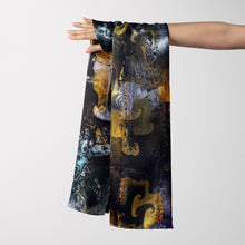 Load image into Gallery viewer, Large Silk Shawl 27" x 78" - MARE Collection Inspired by the many treasures of the ocean, MARE cotton silk large shawl has beautiful notes of blue and greens in linear forms creating waves of motion.