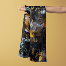 Load image into Gallery viewer, Large Silk Shawl 27" x 78" - MARE Collection Inspired by the many treasures of the ocean, MARE cotton silk large shawl has beautiful notes of blue and greens in linear forms creating waves of motion.