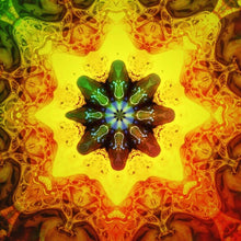 Load image into Gallery viewer, Design of square %100 pure silk throw pillow, designed specially with fractal formulas and hand manufactured in limited numbers. Has a central circular shaped main motif with dominant colors of yellow, red and green. Printed on both sides.