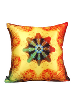 Load image into Gallery viewer, Front view of square %100 pure silk throw pillow, designed specially with fractal formulas and hand manufactured in limited numbers. Has a central circular shaped main motif with dominant colors of yellow, red and green. Printed on both sides.