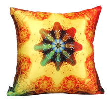Load image into Gallery viewer, Front view of square %100 pure silk throw pillow, designed specially with fractal formulas and hand manufactured in limited numbers. Has a central circular shaped main motif with dominant colors of yellow, red and green. Printed on both sides.