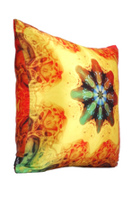 Load image into Gallery viewer, Side view of square %100 pure silk throw pillow, designed specially with fractal formulas and hand manufactured in limited numbers. Has a central circular shaped main motif with dominant colors of yellow, red and green. Printed on both sides.