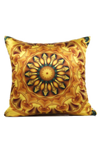 Load image into Gallery viewer, Side view: square %100 pure silk throw pillow, designed specially with fractal formulas and hand manufactured in limited numbers. Has a central circular main motif resembling a dome with main colors yellow, hazel, dark emerald. Printed on both sides.