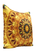 Load image into Gallery viewer, Front view: square %100 pure silk throw pillow, designed specially with fractal formulas and hand manufactured in limited numbers. Has a central circular main motif resembling a dome with main colors yellow, hazel, dark emerald. Printed on two sides.