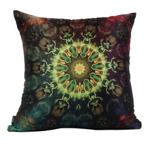 Load image into Gallery viewer, Front view: Square %100 pure silk throw pillow, designed specially with fractal formulas and hand manufactured in limited numbers. Has a central circular shaped main motif with dominant colors of green and yellow. Printed on both sides.