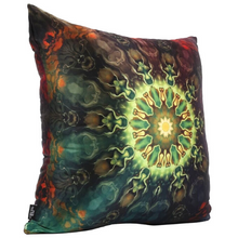 Load image into Gallery viewer, View from the side: Square %100 pure silk throw pillow, designed specially with fractal formulas and hand manufactured in limited numbers. Has a central circular shaped main motif with dominant colors of green and yellow. Printed on both sides.
