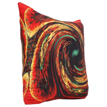 Load image into Gallery viewer, Side view: Square %100 pure silk throw pillow, designed specially with fractal formulas and hand manufactured in limited numbers. Has a central circular shaped main motif with dominant colors of green and yellow. Printed on both sides.