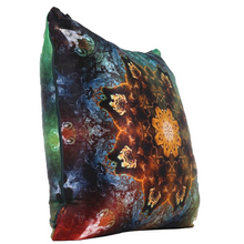 Load image into Gallery viewer, Side view of square %100 pure silk throw pillow, designed specially with fractal formulas and hand manufactured in limited numbers. Has symmetrically distributed floral motifs with dominant colors of blue, yellow, black, green.Printed on both sides.