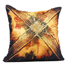 Load image into Gallery viewer, Front view: Square %100 pure silk throw pillow, designed specially with fractal formulas and hand manufactured in limited numbers. Has a central motif created by two crossed linear designs, with dominant colors of black, yellow, and light notes of red in background. Printed on both sides.