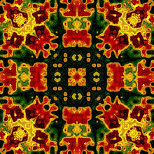 Load image into Gallery viewer, Design of square %100 pure silk throw pillow, designed specially with fractal formulas and hand manufactured in limited numbers. Has symmetrically distributed floral motifs with dominant colors of red, yellow, black, green.Printed on both sides.