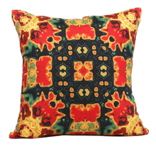 Load image into Gallery viewer, Front view of square %100 pure silk throw pillow, designed specially with fractal formulas and hand manufactured in limited numbers. Has symmetrically distributed floral motifs with dominant colors of red, yellow, black, green.Printed on both sides.