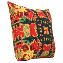 Load image into Gallery viewer, Side view of square %100 pure silk throw pillow, designed specially with fractal formulas and hand manufactured in limited numbers. Has symmetrically distributed floral motifs with dominant colors of red, yellow, black, green.Printed on both sides.