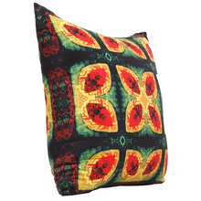 Load image into Gallery viewer, Side view of square %100 pure silk throw pillow, designed specially with fractal formulas and hand manufactured in limited numbers. Has symmetrically distributed floral motifs with dominant colors of red, yellow, black, green.Printed on both sides.