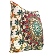 Load image into Gallery viewer, View from the side: Square %100 pure silk throw pillow, designed specially with fractal formulas and hand manufactured in limited numbers. Has a central circular main motif resembling a dome with main colors green, red, white. Printed on both sides.