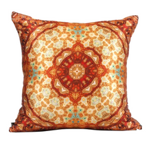 Load image into Gallery viewer, Front view of square %100 pure silk throw pillow, designed specially with fractal formulas and hand manufactured in limited numbers. Has a central circular shaped main motif with dominant colors of hazel, burgundy and beige. Printed on both sides.