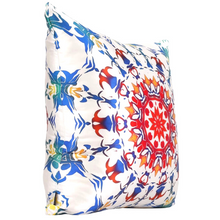 Load image into Gallery viewer, View from the side: Square %100 pure silk throw pillow, designed specially with fractal formulas and hand manufactured in limited numbers. Has a central circular main motif resembling a dome with main colors blue, red, white. Printed on both sides.