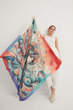 Charger l&#39;image dans la galerie, FAD Astrology-Themed Cotton Voile Shawl from Mythology Collection. With intricate fractal patterns inspired by archeological signs, this luxurious modern shawl features vibrant colors, is handstitched on edges and printed on highest-quality fabric.
