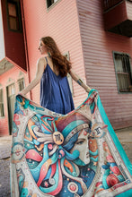 Load image into Gallery viewer, FAD Astrology-Themed Cotton Voile Shawl from Mythology Collection. With intricate fractal patterns inspired by archeological signs, this luxurious modern shawl features vibrant colors, is handstitched on edges and printed on highest-quality fabric.
