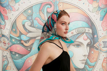 Load image into Gallery viewer, FAD Astrology-Themed Cotton Voile Bandana from Mythology Collection. With intricate fractal patterns inspired by archeological signs, this luxurious modern scarf features vibrant colors, is handstitched on edges and printed on highest-quality fabric.
