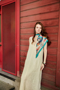 FAD Astrology-Themed Cotton Voile Bandana from Mythology Collection. With intricate fractal patterns inspired by archeological signs, this luxurious modern scarf features vibrant colors, is handstitched on edges and printed on highest-quality fabric.