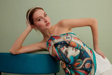 Load image into Gallery viewer, FAD Astrology-Themed Cotton Voile Bandana from Mythology Collection. With intricate fractal patterns inspired by archeological signs, this luxurious modern scarf features vibrant colors, is handstitched on edges and printed on highest-quality fabric.
