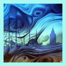Load image into Gallery viewer, Bosphorus scarf from Istanbul Collection reimagines the beauty of Istanbul with the iconic Galata Tower and mesmerizing city skyline, with soothing shades of red, gold, blue, and green. A wearable piece of art with contemporary and fractal patterns.
