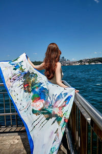 Istanbul Silhouettes chiffon shawl is a tribute to the captivating charm of Istanbul, unifying the natural and historical elements of the city, capturing the soothing tones of the Bosphorus and the blue sky with fractal patterns in a modern palette.