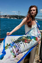Charger l&#39;image dans la galerie, Istanbul Silhouettes chiffon shawl is a tribute to the captivating charm of Istanbul, unifying the natural and historical elements of the city, capturing the soothing tones of the Bosphorus and the blue sky with fractal patterns in a modern palette.
