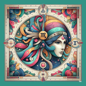 FAD Astrology-Themed Cotton Voile Bandana from Mythology Collection. With intricate fractal patterns inspired by archeological signs, this luxurious modern scarf features vibrant colors, is handstitched on edges and printed on highest-quality fabric.