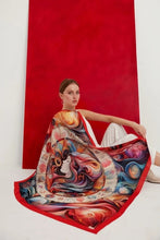 Charger l&#39;image dans la galerie, FAD Mythology-Themed Crepe Silk Shawl from Mythology Collection. With intricate fractal patterns inspired by mythological elements, this luxurious modern shawl features vibrant colors, is handstitched on edges and printed on highest-quality fabric.
