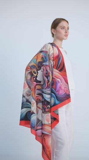 FAD Mythology-Themed Crepe Silk Shawl from Mythology Collection. With intricate fractal patterns inspired by mythological elements, this luxurious modern shawl features vibrant colors, is handstitched on edges and printed on highest-quality fabric.