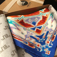 Charger l&#39;image dans la galerie, Silk Scarf 35&quot; x 35&quot; hand-stitched on edges - MARE Collection Inspired by the many treasures of the ocean, MARE cotton silk large scarf has beautiful notes of blue and coral reds in fractal forms creating waves of motion.
