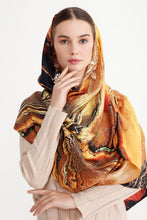 Load image into Gallery viewer, 100% Silk Shawl, FLAME Collection  An exclusive piece of accessory - a shawl, a foulard, a belt, a piece of clothing..  Produced in limited numbers, handmade. Hand-rolled on edges and hand stitched. Each piece has a unique design created by special &#39;Fractal&#39; formulas.
