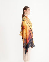 Charger l&#39;image dans la galerie, FLAME Collection 27&quot;x78&quot; Large Silk Shawl pays tribute to the intertwined nature of fire - growing and evolving, by this elongated design of intersecting colours of flame and heat. Produced in limited numbers, hand-rolled on edges and hand stitched.
