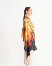 Load image into Gallery viewer, 100% Silk Shawl, FLAME Collection  An exclusive piece of accessory - a shawl, a foulard, a belt, a piece of clothing..  Produced in limited numbers, handmade. Hand-rolled on edges and hand stitched. Each piece has a unique design created by special &#39;Fractal&#39; formulas.
