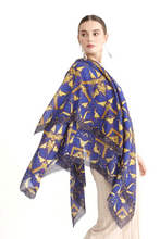 Charger l&#39;image dans la galerie, Cotton Silk Large Shawl 55&quot; x 55&quot; - MARE Collection Inspired by the many treasures of the ocean, MARE cotton silk large shawl has beautiful notes of blue and greens in linear forms creating waves of motion.
