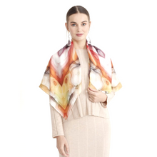 Charger l&#39;image dans la galerie, Silk Scarf and Foulard 35&quot; x 35&quot; - TERRA Collection TERRA silk scarf pays tribute to the nature of life - evolving and restarting it&#39;s journey, by this elongated design of intersecting colours of earth and sky.
