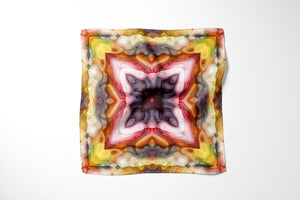 Silk Scarf and Foulard 35" x 35" - TERRA Collection TERRA silk scarf pays tribute to the nature of life - evolving and restarting it's journey, by this elongated design of intersecting colours of earth and sky.