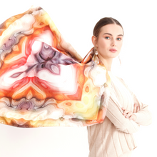 Charger l&#39;image dans la galerie, Silk Scarf and Foulard 35&quot; x 35&quot; - TERRA Collection TERRA silk scarf pays tribute to the nature of life - evolving and restarting it&#39;s journey, by this elongated design of intersecting colours of earth and sky.
