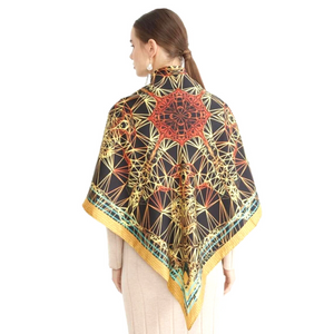 Silk Scarf & Foulard, 35" x 35" - FLAME Collection FLAME silk scarf pays tribute to the intertwined nature of fire - growing and evolving, by this elongated design of intersecting colours of flame and heat.