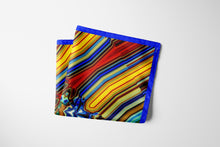 Charger l&#39;image dans la galerie, FLAME Collection 35&quot;x35&quot; Silk Scarf pays tribute to the intertwined nature of fire - growing and evolving, by this elongated design of intersecting colours of flame and heat. Produced in limited numbers, hand-rolled on edges and hand stitched.

