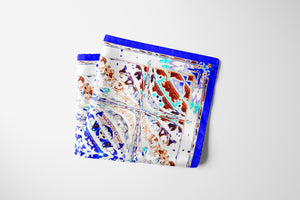 Silk Scarf 35" x 35" hand-stitched on edges - MARE Collection Inspired by the many treasures of the ocean, MARE cotton silk large scarf has beautiful notes of blue and coral reds in fractal forms creating waves of motion.